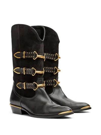 Isabel Marant Decorative Buckle Mid-calf Leather Boots In Black