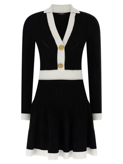 Balmain Long Sleeves V-neck Flare Knit Dress In Black