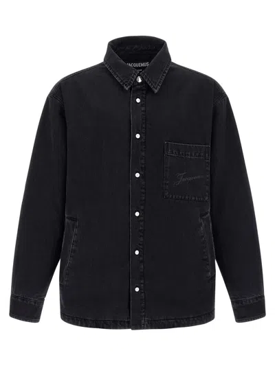 Jacquemus Virgin Wool Long-sleeve Shirt With Embroidered Logo In Black