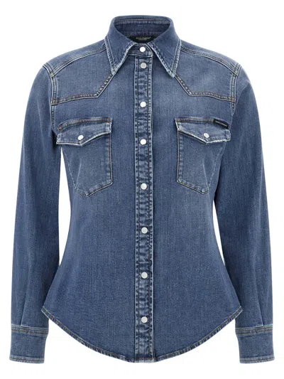 Dolce & Gabbana Denim Cotton Shirt With Chest Pockets In Blue