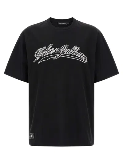 Dolce & Gabbana Men Cotton T-shirt With Embossed Logo Embroidery In Black