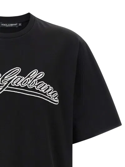 Dolce & Gabbana Men Cotton T-shirt With Embossed Logo Embroidery In Black