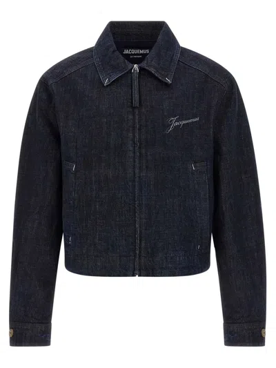 Jacquemus Dark Indigo Denim Jacket With Front Zipper And Logo In Blue