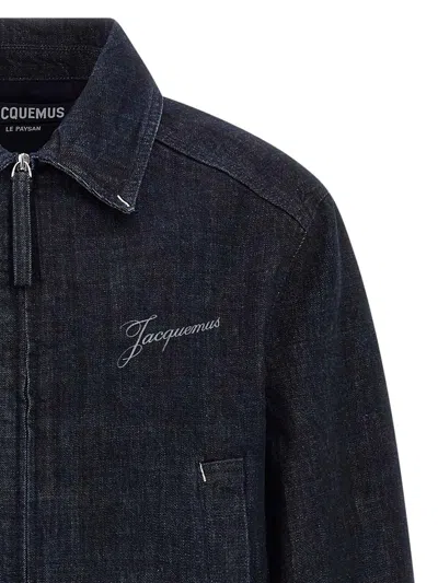 Jacquemus Dark Indigo Denim Jacket With Front Zipper And Logo In Blue