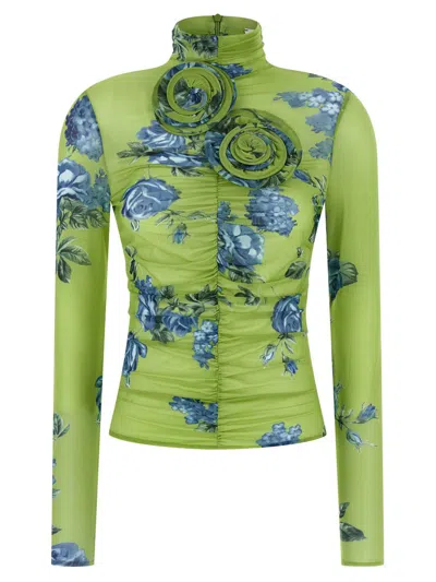 Magda Butrym Embellished Floral High Neck Ruched Top In Green