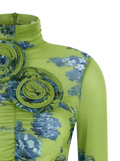 Magda Butrym Embellished Floral High Neck Ruched Top In Green