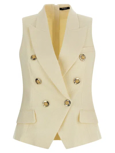 Balmain Jacquard Vest With Flap Pockets And Gold-tone Buttons In Neutral