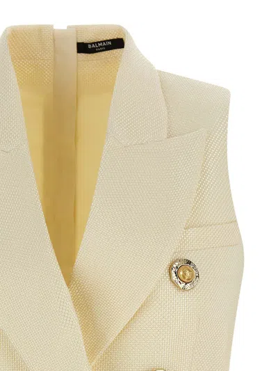 Balmain Jacquard Vest With Flap Pockets And Gold-tone Buttons In Neutral