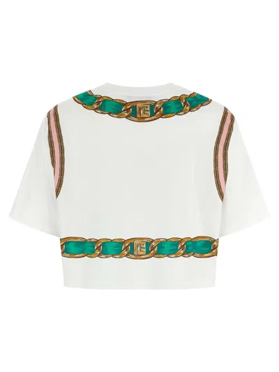 Balmain Chain Motif Crew Neck Cropped T-shirt In Green