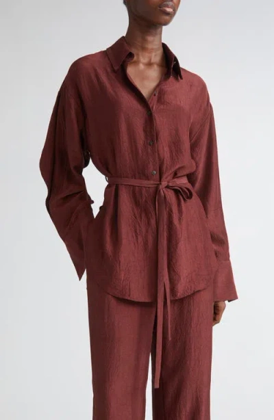 Jason Wu Collection Oversize Belted Crinkled Satin Button-up Top In Brown