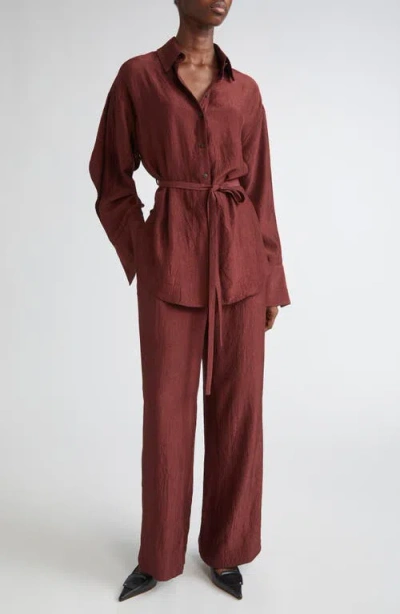 Jason Wu Collection Oversize Belted Crinkled Satin Button-up Top In Brown