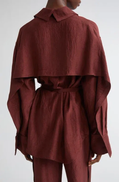 Jason Wu Collection Oversize Belted Crinkled Satin Button-up Top In Brown