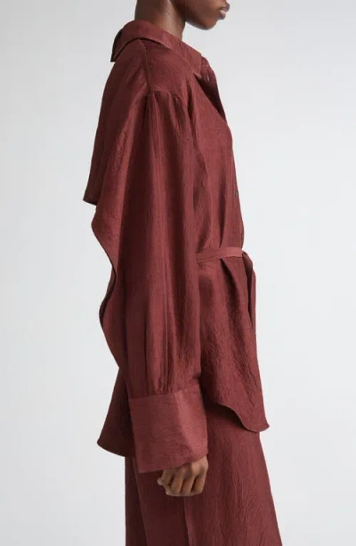 Jason Wu Collection Oversize Belted Crinkled Satin Button-up Top In Brown