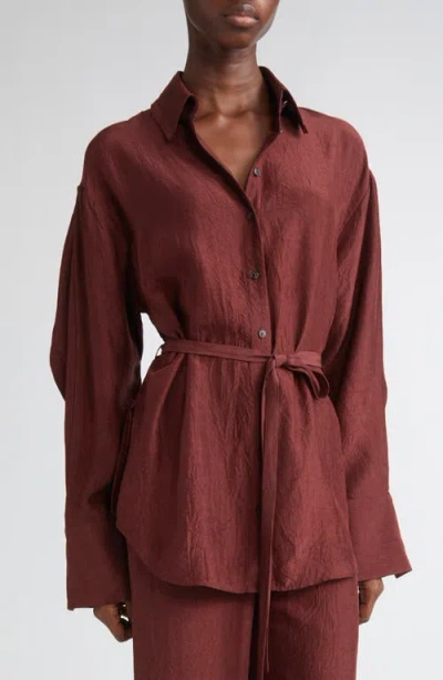 Jason Wu Collection Oversize Belted Crinkled Satin Button-up Top In Brown
