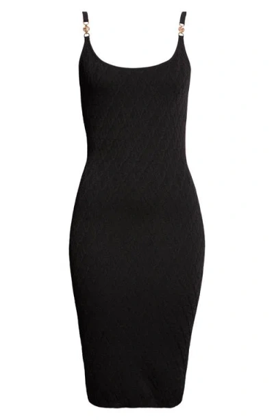 Versace Medusa Embellished La Greca Jacquard Knit Minidress In Black Technical
