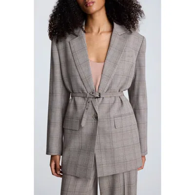 Kenneth Cole Plaid One Button Belted Jacket In Gray