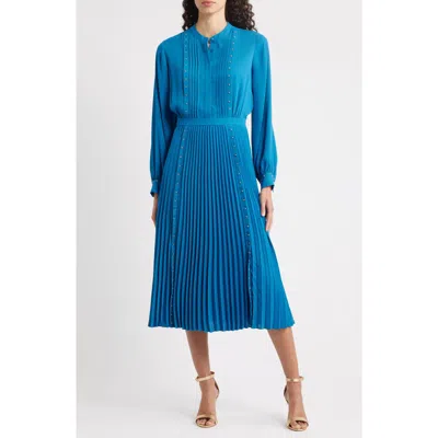 Elie Tahari The Alania Pleated Bead-embellished Midi Dress In Blue