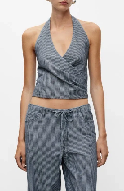 Mango Striped Crossover Denim Top Blue In Gray