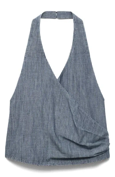 Mango Striped Crossover Denim Top Blue In Gray