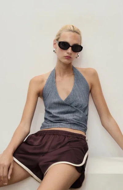 Mango Striped Crossover Denim Top Blue In Gray