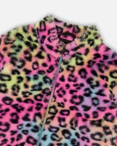 Deux Par Deux Faux Fur Zipped Jacket Multicolor Leopard In Multi