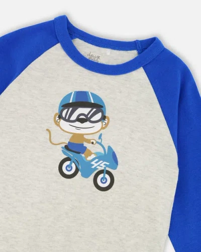 Deux Par Deux Two-piece Organic Cotton Pajama Set Monkey In Multi