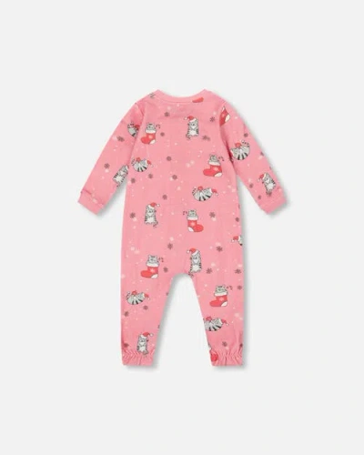 Deux Par Deux One-piece Organic Cotton Pajama Cat In Pink