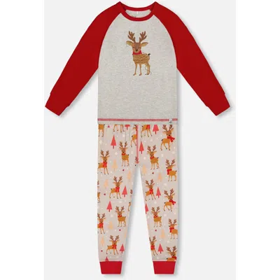 Deux Par Deux Two-piece Organic Cotton Pajama Set Reindeer In Sand