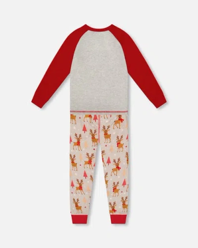 Deux Par Deux Two-piece Organic Cotton Pajama Set Reindeer In Sand