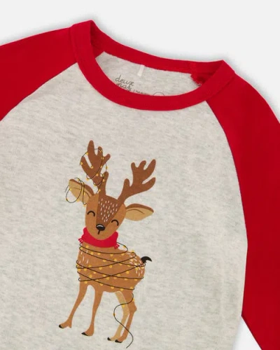Deux Par Deux Two-piece Organic Cotton Pajama Set Reindeer In Sand