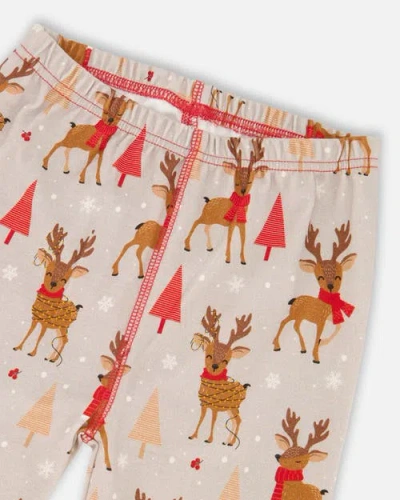 Deux Par Deux Two-piece Organic Cotton Pajama Set Reindeer In Sand