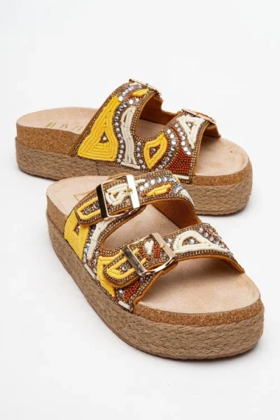 Prologue Shoes Bobby Beaded Straw Platform Slide Sandal In Multi