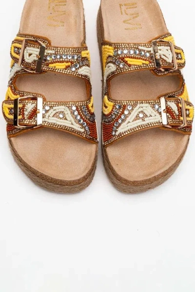 Prologue Shoes Bobby Beaded Straw Platform Slide Sandal In Multi