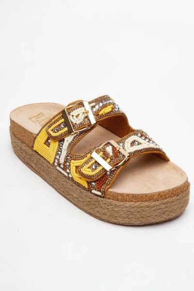 Prologue Shoes Bobby Beaded Straw Platform Slide Sandal In Multi
