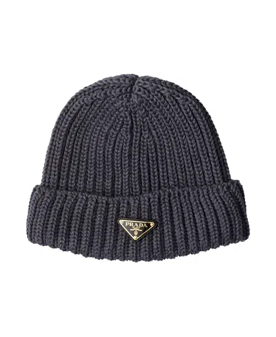 Prada Womens Grey Logo-embellished Knitted Wool Beanie In Gray