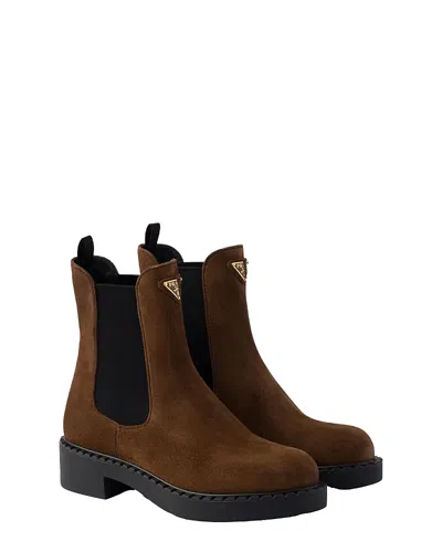 Prada Chocolate Suede Chelsea Boots In Brown
