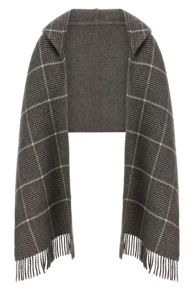 Brunello Cucinelli Checked Pattern Hooded Scarf With Fringed Edges In Gray