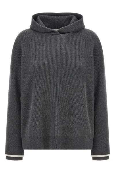 Brunello Cucinelli Ribbed Texture Hooded Sweater With Long Sleeves In Gray
