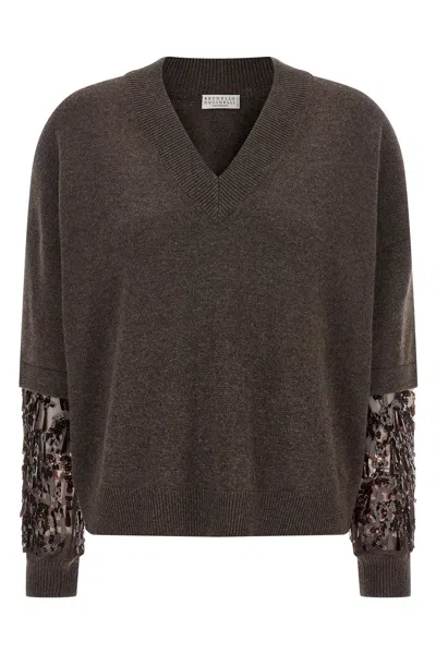 Brunello Cucinelli Brown Cashmere Embroidered Sweater In Brown