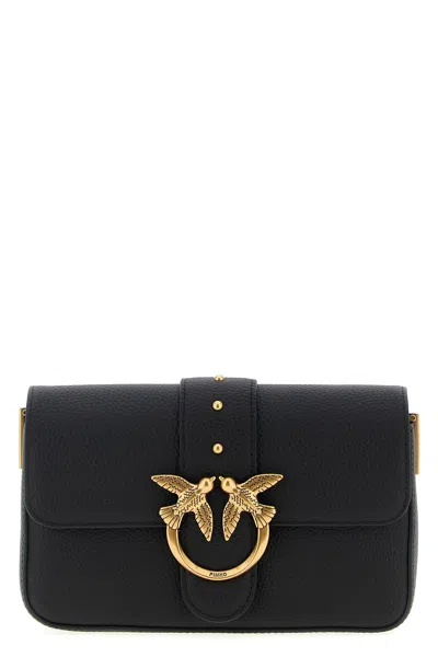 Pinko Love One Classic Black Crossbody Bag With Studded Strap And Love Birds Diamond Cut Plaque On The Fro In Black