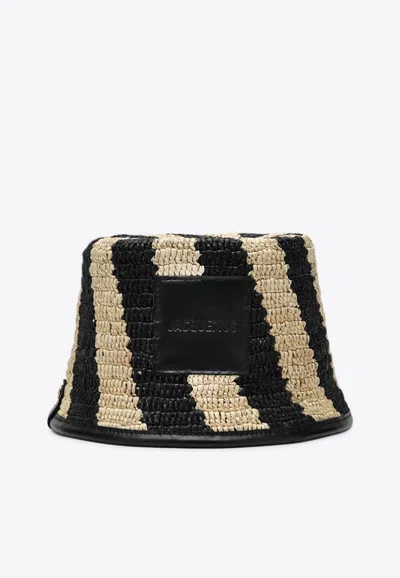 Jacquemus Le Bob Soli Striped Raffia Bucket Hat In Black