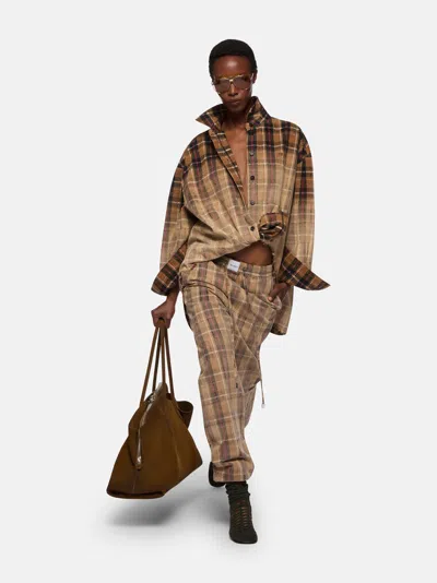 Attico Plaid Drawstring Long Pant In Brown