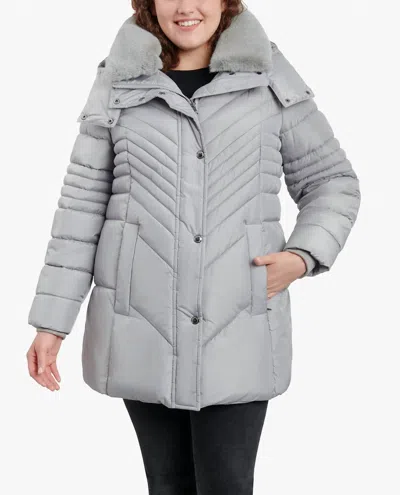 London Fog Plus Size Zip-front Hooded Puffer Jacket With Button-off Fur Collar In Pearl Grey In Gray