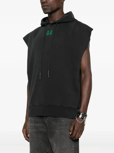 44 Label Group Cropped Sleeveless Black Hoodie With Graphic Designs In Black