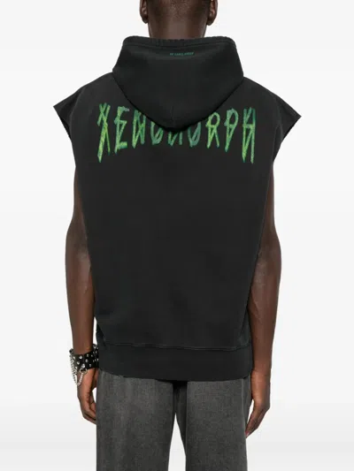44 Label Group Cropped Sleeveless Black Hoodie With Graphic Designs In Black