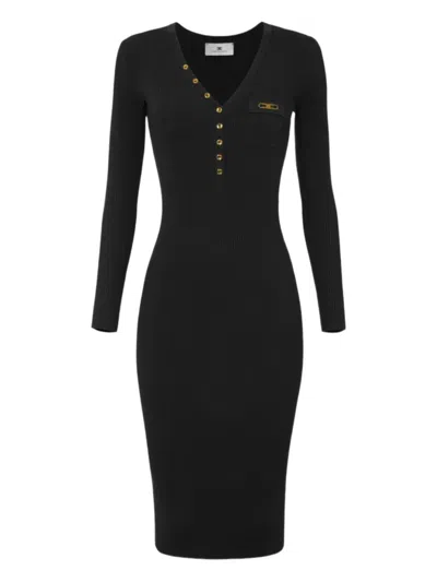 Elisabetta Franchi Black V-neck Dress With Logo Plaque On The Front In Fabric Woman In Black