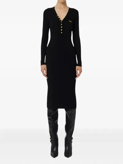 Elisabetta Franchi Black V-neck Dress With Logo Plaque On The Front In Fabric Woman In Black