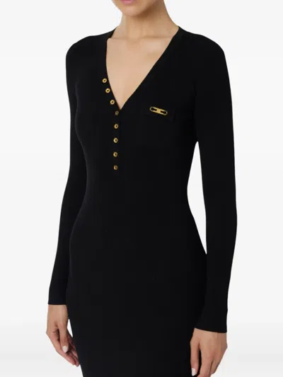 Elisabetta Franchi Black V-neck Dress With Logo Plaque On The Front In Fabric Woman In Black