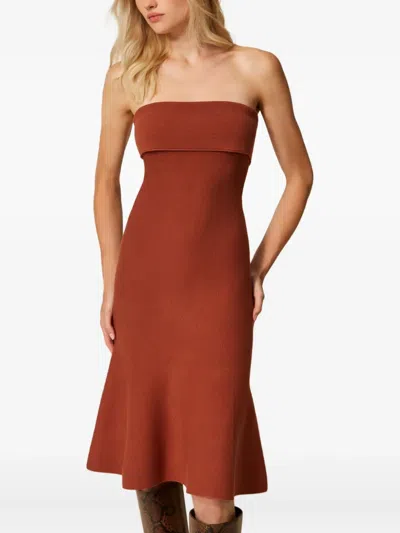 Twinset Robe Midi En Maille Avec Godet In Brown