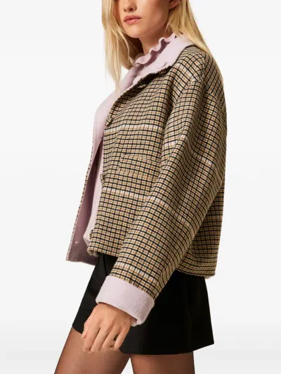 Twinset Boxy Cropped Jacket With Checked Pattern In Brown